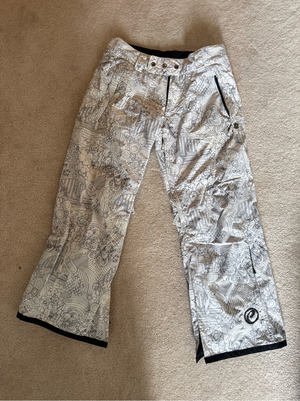 White Graphic Cargo Snow Pants with Black Accents